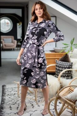 Pour Moi Slinky Jersey Midi Shirt Dress - Mono Floral -PMoi Clothing Shop 240935 20210415153500