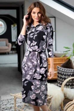 Pour Moi Slinky Jersey Midi Shirt Dress - Mono Floral -PMoi Clothing Shop 240936 20210415153500