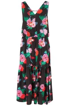 Pour Moi Woven V Neck Tiered Midi Beach Dress - Black Floral -PMoi Clothing Shop 246427 20210719112700