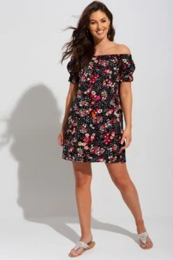 Pour Moi Textured Woven Bardot Puff Sleeve Beach Dress - Black Floral