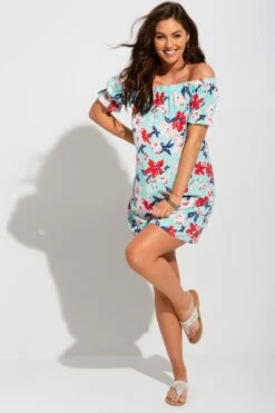 Pour Moi Textured Woven Bardot Puff Sleeve Beach Dress - Aqua Floral 11 Pour Moi Textured Woven Bardot Puff Sleeve Beach Dress - Aqua Floral -PMoi Clothing Shop 247546 20210407132800