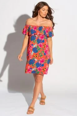 Pour Moi Woven Bardot Beach Dress - Red Floral