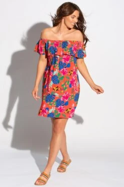 Pour Moi Woven Bardot Beach Dress - Red Floral -PMoi Clothing Shop 247706 20210408122700