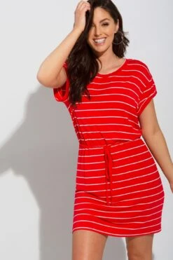 Pour Moi Jersey T-Shirt Beach Dress - Red/White -PMoi Clothing Shop 247732 20210408125700