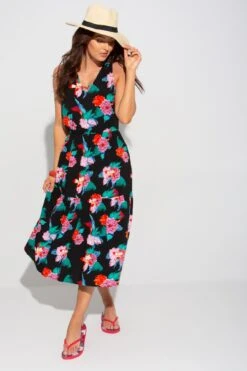 Pour Moi Woven V Neck Tiered Midi Beach Dress - Black Floral