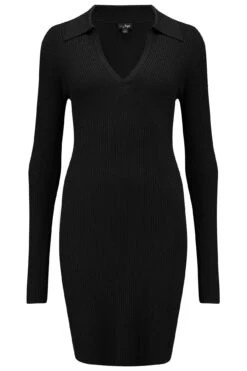 Pour Moi Eva Rib Knit V Neck Collar Mini Dress With LENZING™ ECOVERO™ Viscose - Black -PMoi Clothing Shop 256913 20230224113400