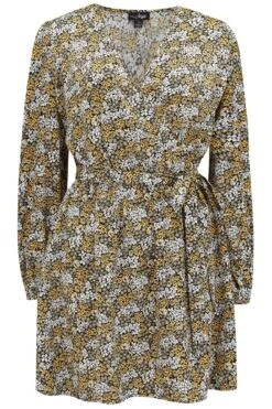 Pour Moi Millie Faux Wrap Woven Satin Dress - Yellow Ditsy -PMoi Clothing Shop 256935 20210730094200