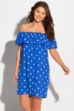 Pour Moi Textured Woven Bardot Beach Dress - Blue/White