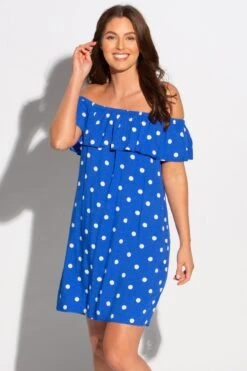 Pour Moi Textured Woven Bardot Beach Dress - Blue/White -PMoi Clothing Shop 257180 20210726100400