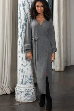 Pour Moi Elle Knit Midi Wrap Dress - Grey Marl -PMoi Clothing Shop 264418 20210930111400