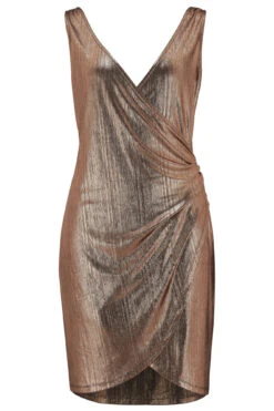 Pour Moi Metallic Lamé Wrapover Scoop Back Mini Dress - Rose Gold -PMoi Clothing Shop 266305 20220419102300