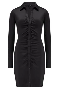 Pour Moi Brooke Shine Stretch Jersey Ruched Front Bodycon Shirt Dress - Black -PMoi Clothing Shop 271364 20211213110900