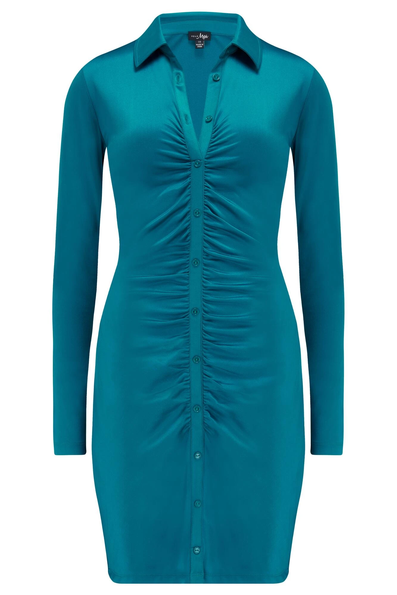 Pour Moi Brooke Shine Stretch Jersey Ruched Front Bodycon Shirt Dress - Teal 7 Pour Moi Brooke Shine Stretch Jersey Ruched Front Bodycon Shirt Dress - Teal - Image 5
