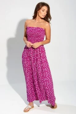 Pour Moi Strapless Shirred Bandeau Maxi Beach Dress - Violet/White