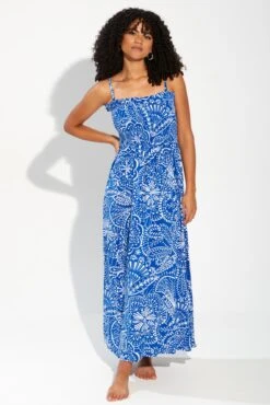 Pour Moi Strapless Shirred Bandeau Maxi Beach Dress - Cobalt Scandi