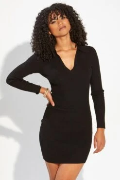 Pour Moi Eva Rib Knit V Neck Collar Mini Dress With LENZING™ ECOVERO™ Viscose - Black -PMoi Clothing Shop 273930 20220318090100