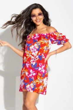 Pour Moi Woven Bardot Puff Sleeve Beach Dress - Red Tropical -PMoi Clothing Shop 275147 20220422162600