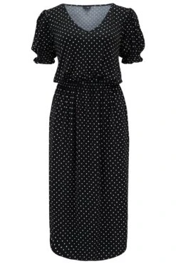 Pour Moi Jenny Puff Sleeve Stretch Midi Dress - Black/White Spot -PMoi Clothing Shop 280544 20220419111700