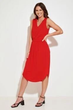 Pour Moi Jenny Fuller Bust Shirred Waist Midi Stretch Dress - Red -PMoi Clothing Shop 281355 20220504093100