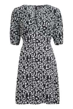 Pour Moi Emma V Neck Woven Ruche Sleeve Tea Dress - Mono Geo -PMoi Clothing Shop 281503 20220419113400