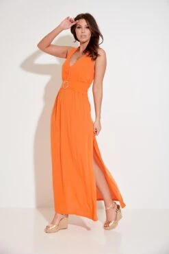 Pour Moi Halter Neck Gold Buckle Maxi Beach Dress - Orange