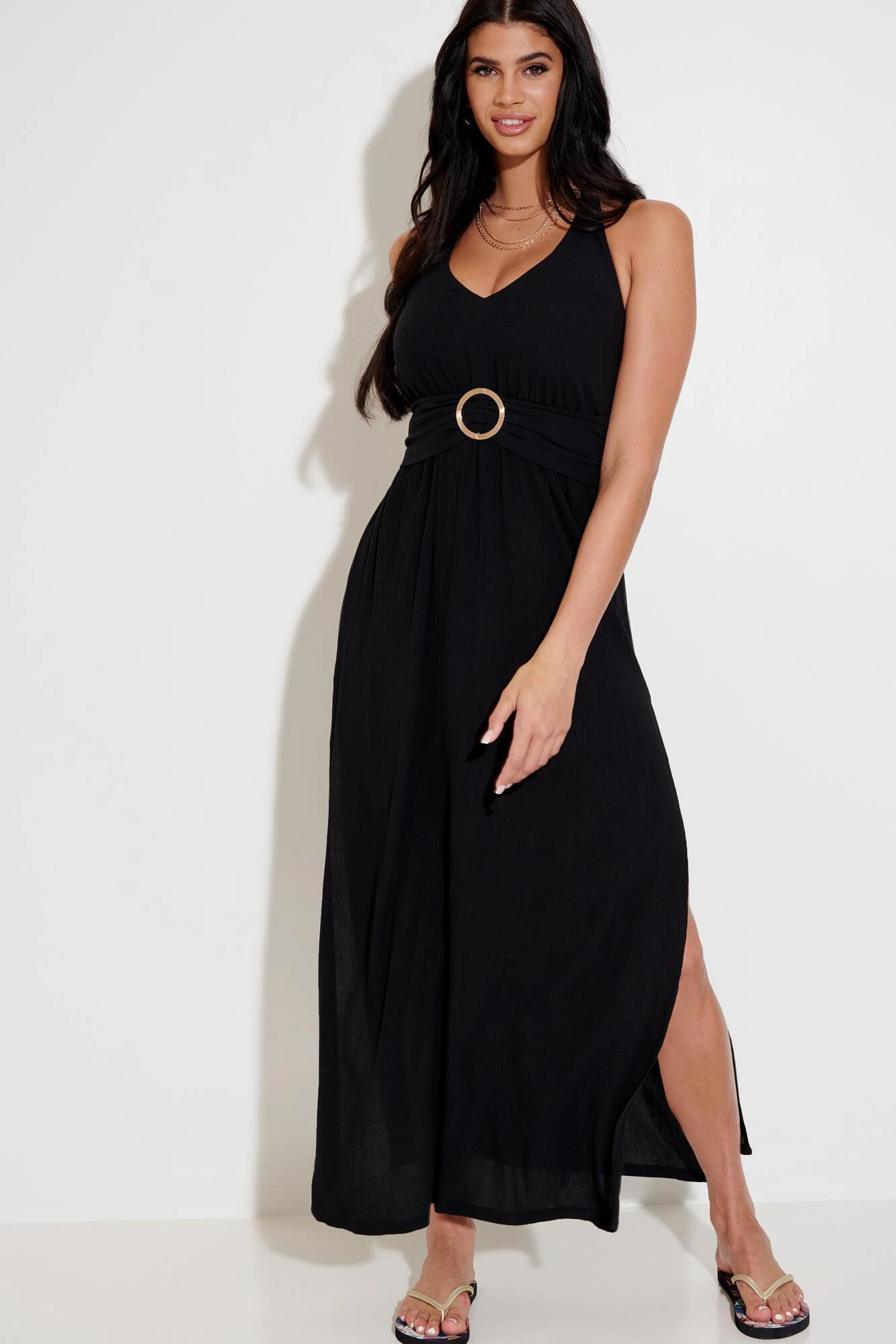 Pour Moi Halter Neck Gold Buckle Maxi Beach Dress - Black 6 Pour Moi Halter Neck Gold Buckle Maxi Beach Dress - Black - Image 4