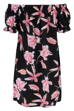 Pour Moi Textured Woven Bardot Puff Sleeve Beach Dress - Black/Pink -PMoi Clothing Shop 281770 20220405115500