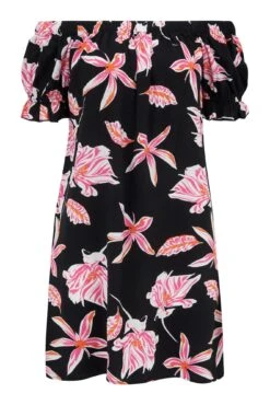 Pour Moi Textured Woven Bardot Puff Sleeve Beach Dress - Black/Pink -PMoi Clothing Shop 281771 20220405115500