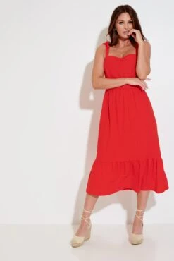 Pour Moi Laura Pique Tie Strap Tiered Midi Dress - Red -PMoi Clothing Shop 282163 20230224134700