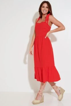 Pour Moi Laura Pique Tie Strap Tiered Midi Dress - Red -PMoi Clothing Shop 282164 20230224134700