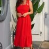 Pour Moi Laura Pique Tie Strap Tiered Midi Dress - Red -PMoi Clothing Shop 283085 20230605094800