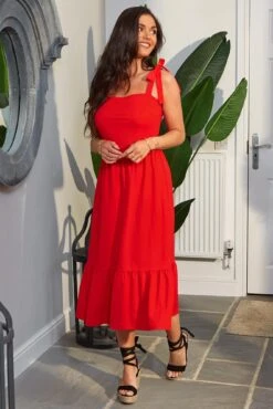 Pour Moi Laura Pique Tie Strap Tiered Midi Dress - Red