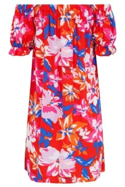 Pour Moi Woven Bardot Puff Sleeve Beach Dress - Red Tropical -PMoi Clothing Shop 283522 20220422162600