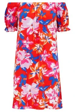 Pour Moi Woven Bardot Puff Sleeve Beach Dress - Red Tropical -PMoi Clothing Shop 283523 20220422162600