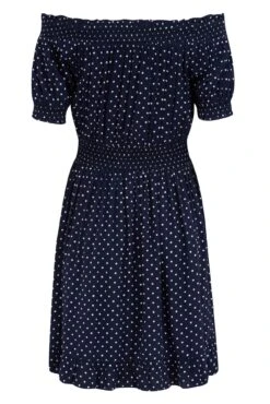 Pour Moi Eloise Puff Sleeve Woven Bardot Dress - Navy Spots -PMoi Clothing Shop 285045 20220428112000
