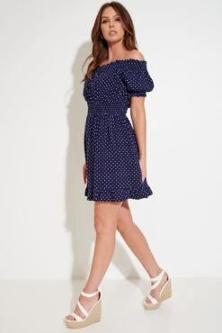 Pour Moi Eloise Puff Sleeve Woven Bardot Dress - Navy Spots -PMoi Clothing Shop 285049 20220428112000