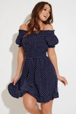 Pour Moi Eloise Puff Sleeve Woven Bardot Dress - Navy Spots -PMoi Clothing Shop 285050 20220428112000