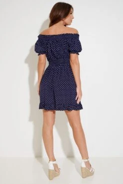 Pour Moi Eloise Puff Sleeve Woven Bardot Dress - Navy Spots -PMoi Clothing Shop 285051 20220428112000