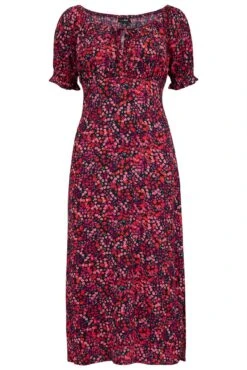 Pour Moi Emma Woven Viscose Puff Sleeve Midi Tea Dress - Red Floral -PMoi Clothing Shop 288333 20230124122200