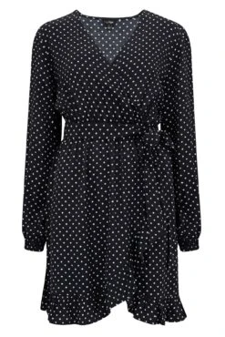 Pour Moi Kelly Woven Viscose Balloon Sleeve Frill Wrap Dress - Black Spot -PMoi Clothing Shop 289776 20220630154100