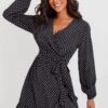 Pour Moi Kelly Woven Viscose Balloon Sleeve Frill Wrap Dress - Black Spot -PMoi Clothing Shop 289777 20220630154100