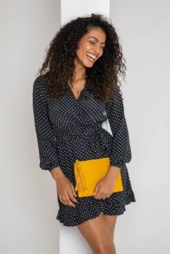 Pour Moi Kelly Woven Viscose Balloon Sleeve Frill Wrap Dress - Black Spot -PMoi Clothing Shop 289778 20220630154100