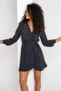 Pour Moi Kelly Woven Viscose Balloon Sleeve Frill Wrap Dress - Black Spot -PMoi Clothing Shop 289779 20220630154100