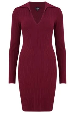 Pour Moi Eva Rib Knit V Neck Collar Mini Dress With LENZING™ ECOVERO™ Viscose - Berry -PMoi Clothing Shop 289869 20230223145600