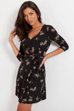 Pour Moi Blair Slinky Jersey Tie Waist Dress - Black Floral -PMoi Clothing Shop 290053 20221004162900