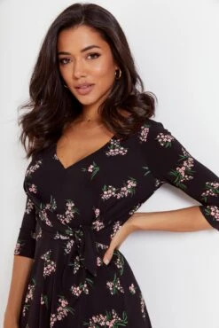 Pour Moi Blair Slinky Jersey Tie Waist Dress - Black Floral -PMoi Clothing Shop 290055 20221004162900