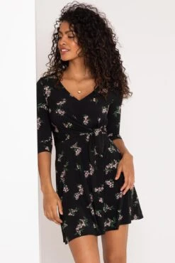 Pour Moi Blair Slinky Jersey Tie Waist Dress - Black Floral -PMoi Clothing Shop 290056 20221004162900