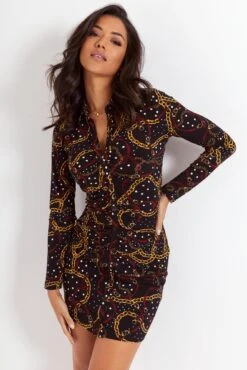 Pour Moi Brooke Jersey Ruched Front Shirt Dress - Black/Gold