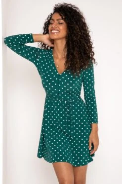 Pour Moi Bella Slinky Jersey Long Sleeve Tea Dress - Forest/White -PMoi Clothing Shop 290455 20221005091300