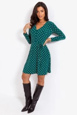 Pour Moi Bella Slinky Jersey Long Sleeve Tea Dress - Forest/White -PMoi Clothing Shop 290456 20221005091300